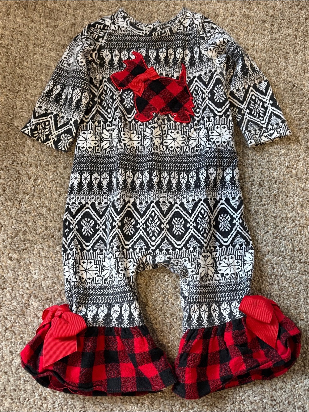 Black & White Fair Isle Infant One-Piece with Red Buffalo Plaid Accents
